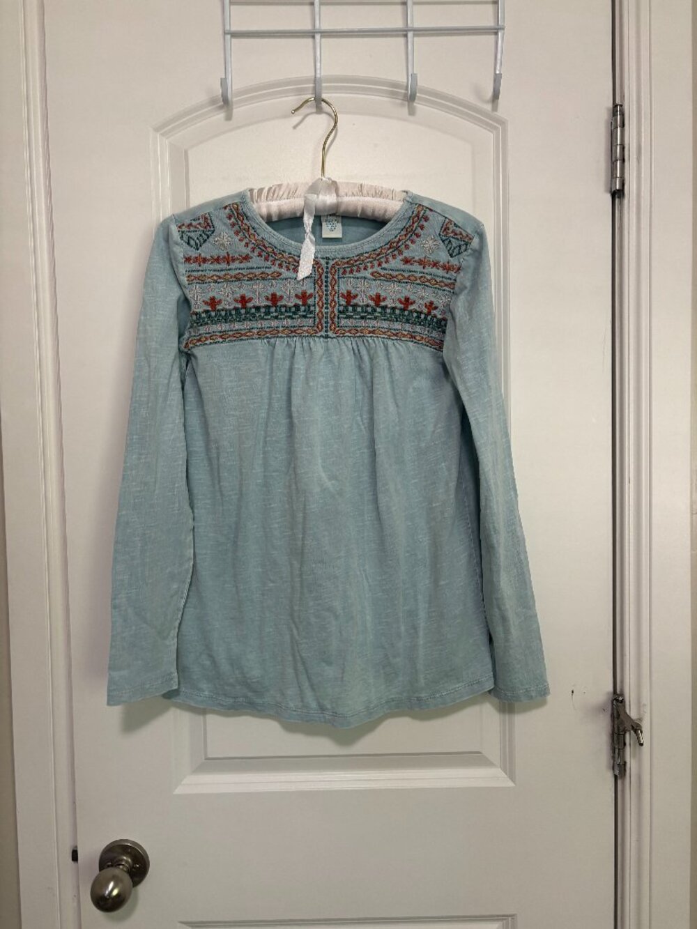 Sundance Light Bluegreen Embroidered Yoke Long Sleeve Slub Cotton Top XS